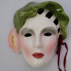 Vandor Ceramic Face Mask with Green Leaf and Pink Flower